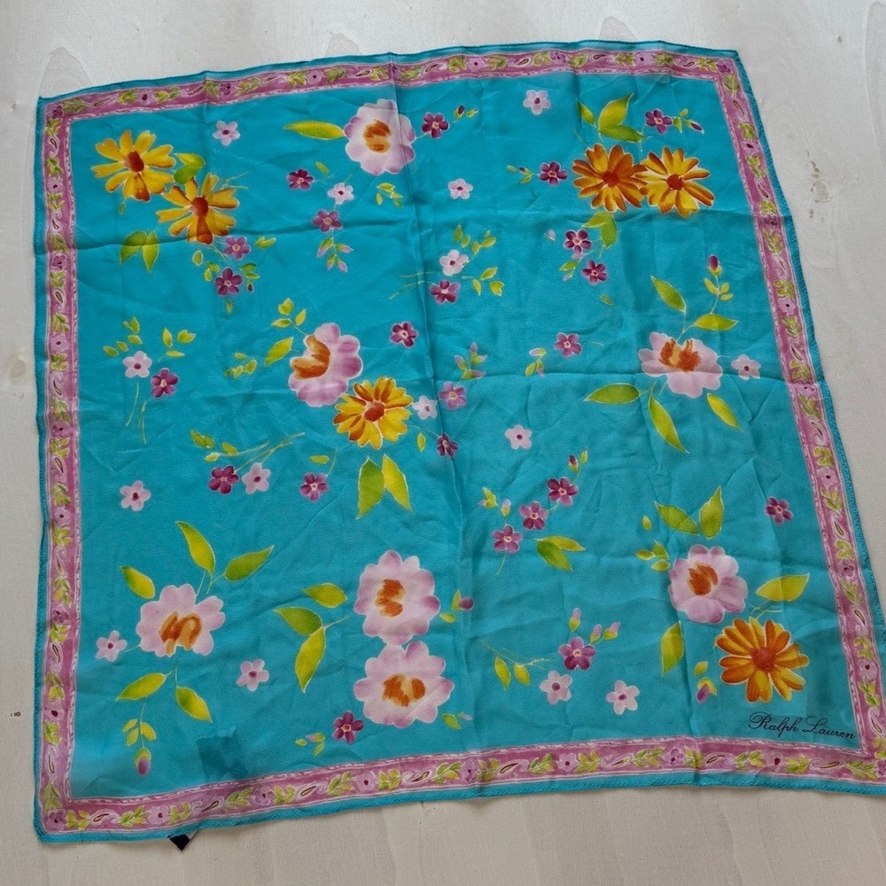Ralph Lauren Collection Black Label Silk Floral Square Scarf Turquoise Blue 20in